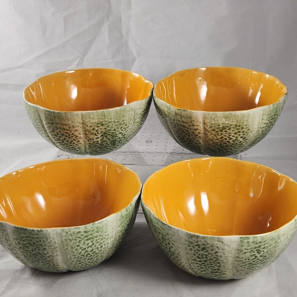 Set of 4 Cantaloupe Melon Bowls Green Rind Orange Interior Ceramic 5.75" x 2.75"